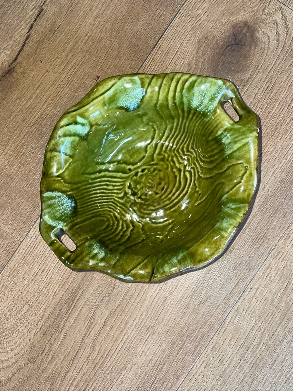 1950s California pottery green wood grain bowl